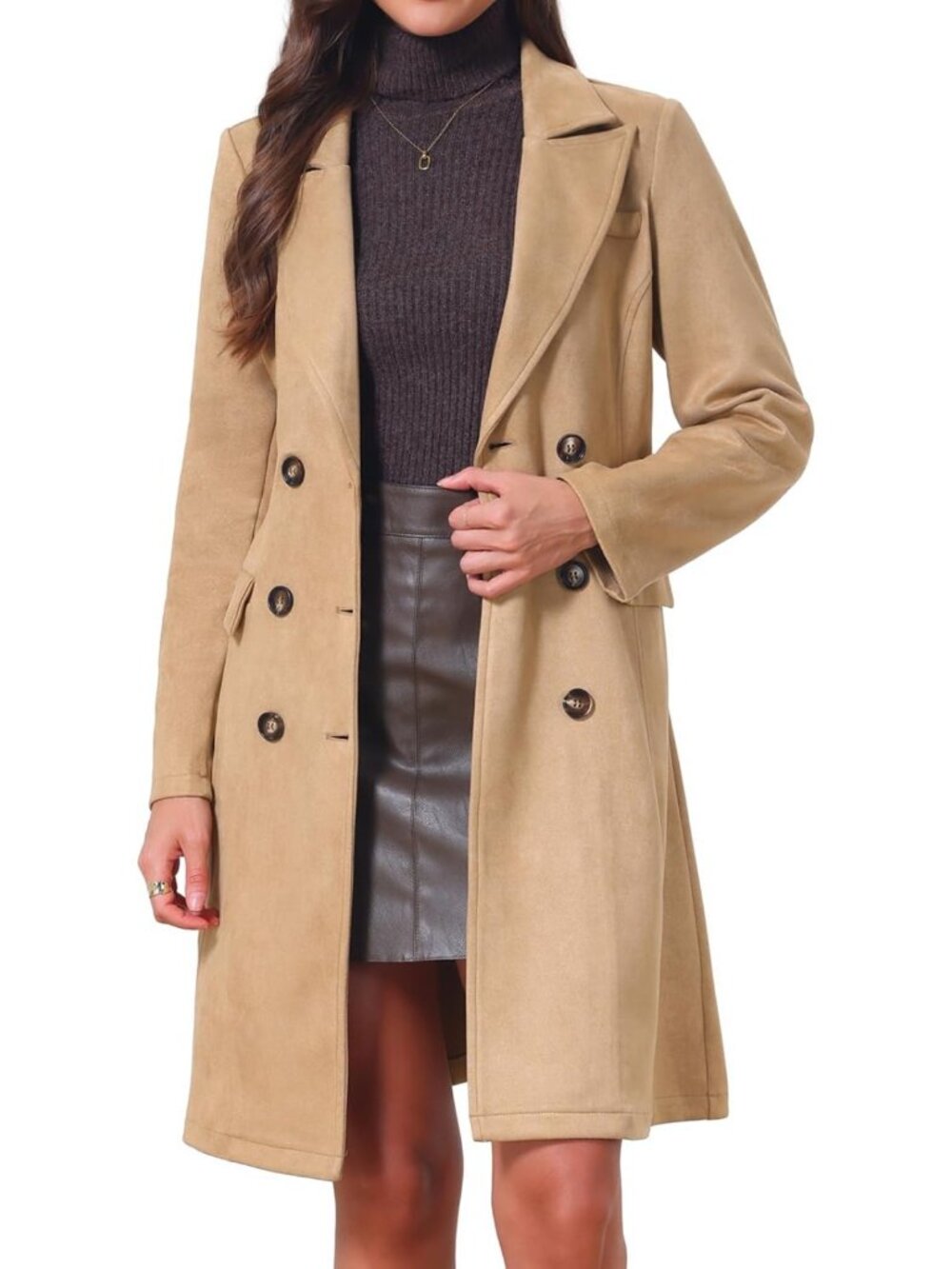 Chic Faux Suede Trench Coat with Notched Lapel | Stylish Mid-Long Overcoat